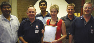 The hotly contested race for Branch of The Year was this year won by the Durban branch. Here, some of the committee members are seen proudly showing off the certificate. From Left:  Vinesh Nundkishore, John Owen-Ellis, Vinesh Maharaj, Jane van der Spuy, Howard Lister and John De Castro. Not present but on the committee:  Kevin McElroy, Dean Trattles and Navin Singh